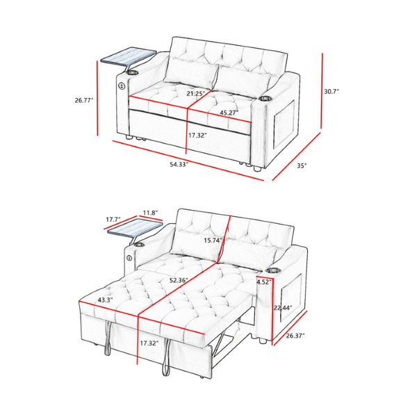 English Elm Light Grey Velvet Tufted Sleeper Loveseat with USB Port and Rotating Side Table W3985P387370