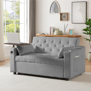 English Elm Light Grey Velvet Tufted Sleeper Loveseat with USB Port and Rotating Side Table W3985P387370