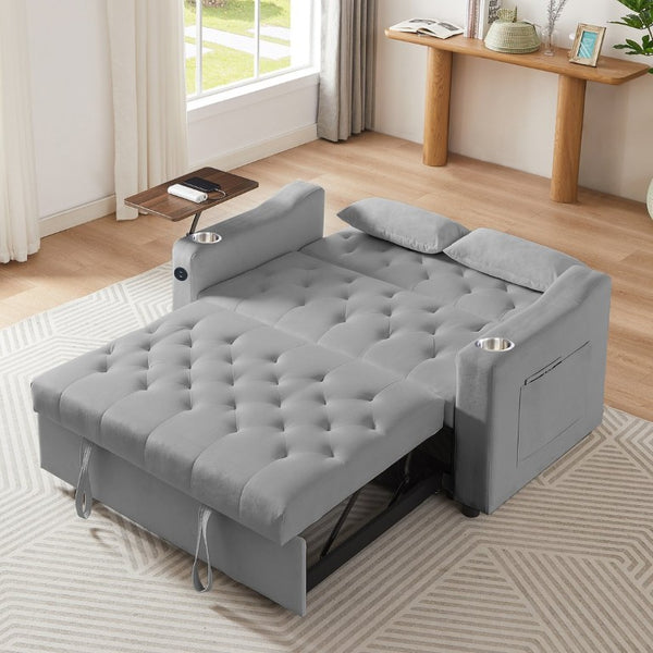 English Elm Light Grey Velvet Tufted Sleeper Loveseat with USB Port and Rotating Side Table W3985P387370