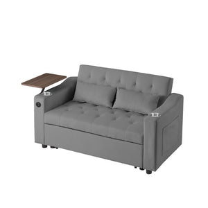English Elm Light Grey Velvet Tufted Sleeper Loveseat with USB Port and Rotating Side Table W3985P387370
