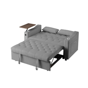 English Elm Light Grey Velvet Tufted Sleeper Loveseat with USB Port and Rotating Side Table W3985P387370