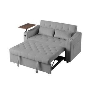 English Elm Light Grey Velvet Tufted Sleeper Loveseat with USB Port and Rotating Side Table W3985P387370