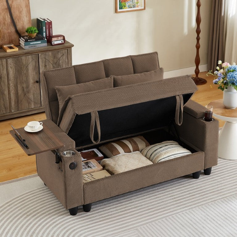 English Elm Coffee Tufted Fabric Loveseat with USB Charging Swivel Table and Underseat Storage W3985P494446