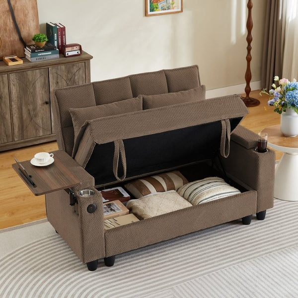 English Elm Coffee Tufted Fabric Loveseat with USB Charging Swivel Table and Underseat Storage W3985P494446
