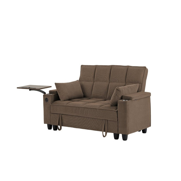 English Elm Coffee Tufted Fabric Loveseat with USB Charging Swivel Table and Underseat Storage W3985P494446