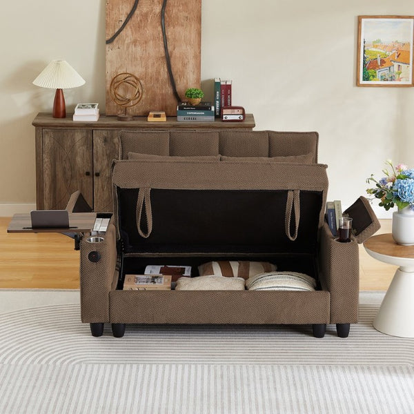 English Elm Coffee Tufted Fabric Loveseat with USB Charging Swivel Table and Underseat Storage W3985P494446