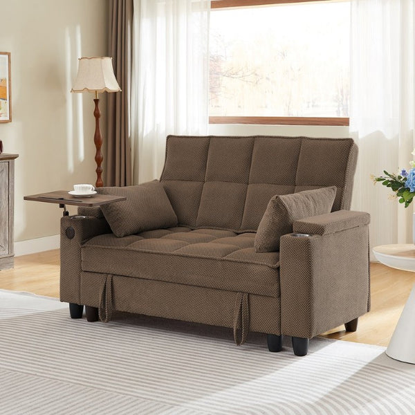 English Elm Coffee Tufted Fabric Loveseat with USB Charging Swivel Table and Underseat Storage W3985P494446