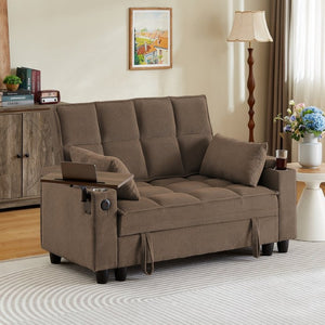 English Elm Coffee Tufted Fabric Loveseat with USB Charging Swivel Table and Underseat Storage W3985P494446