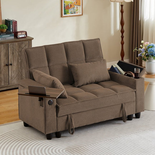 English Elm Coffee Tufted Fabric Loveseat with USB Charging Swivel Table and Underseat Storage W3985P494446