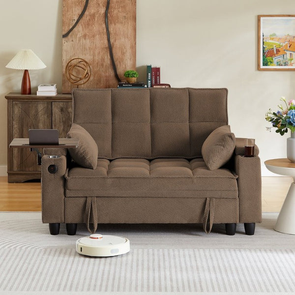 English Elm Coffee Tufted Fabric Loveseat with USB Charging Swivel Table and Underseat Storage W3985P494446