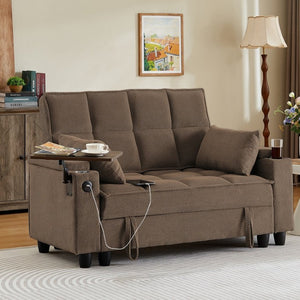 English Elm Coffee Tufted Fabric Loveseat with USB Charging Swivel Table and Underseat Storage W3985P494446