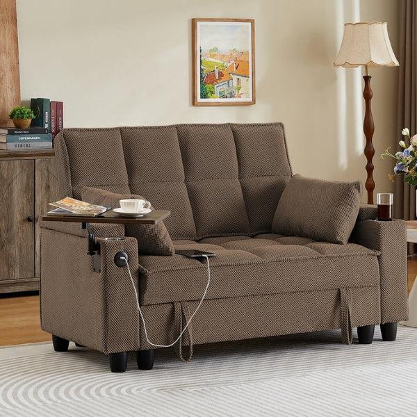English Elm Coffee Tufted Fabric Loveseat with USB Charging Swivel Table and Underseat Storage W3985P494446