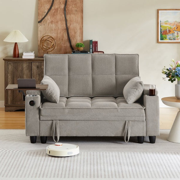English Elm Khaki Tufted Loveseat with Hidden Storage USB Charging and Swivel Side Table W3985P494447