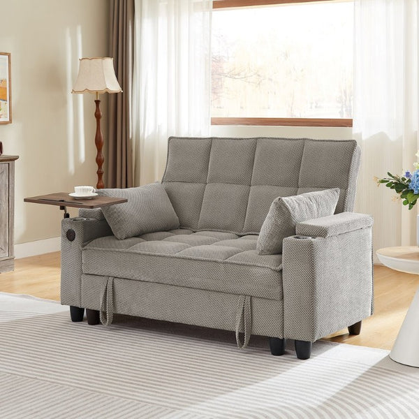 English Elm Khaki Tufted Loveseat with Hidden Storage USB Charging and Swivel Side Table W3985P494447