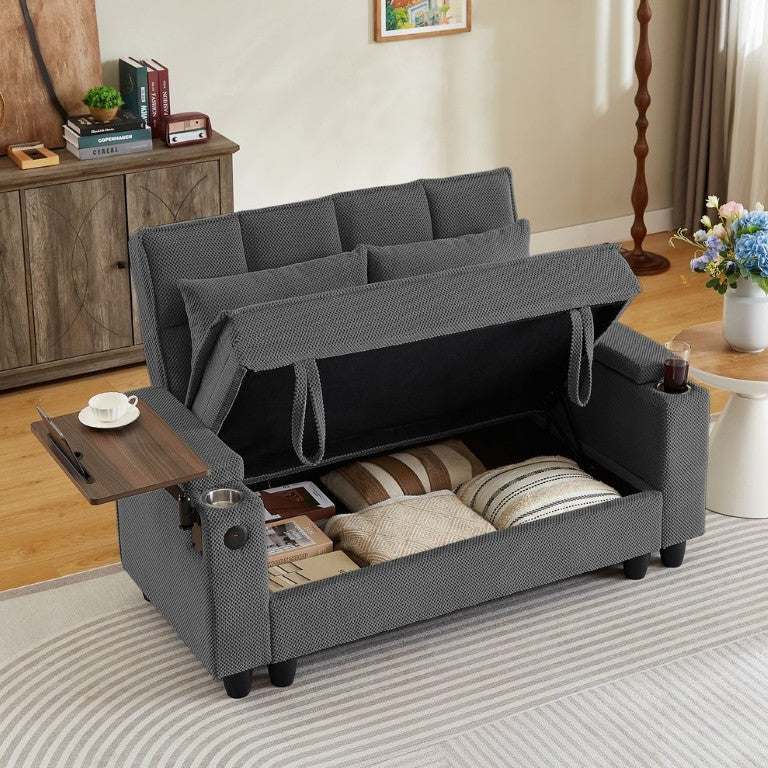 English Elm Dark Grey Tufted Fabric Loveseat with Storage USB Charging and Swivel Side Table W3985P494448