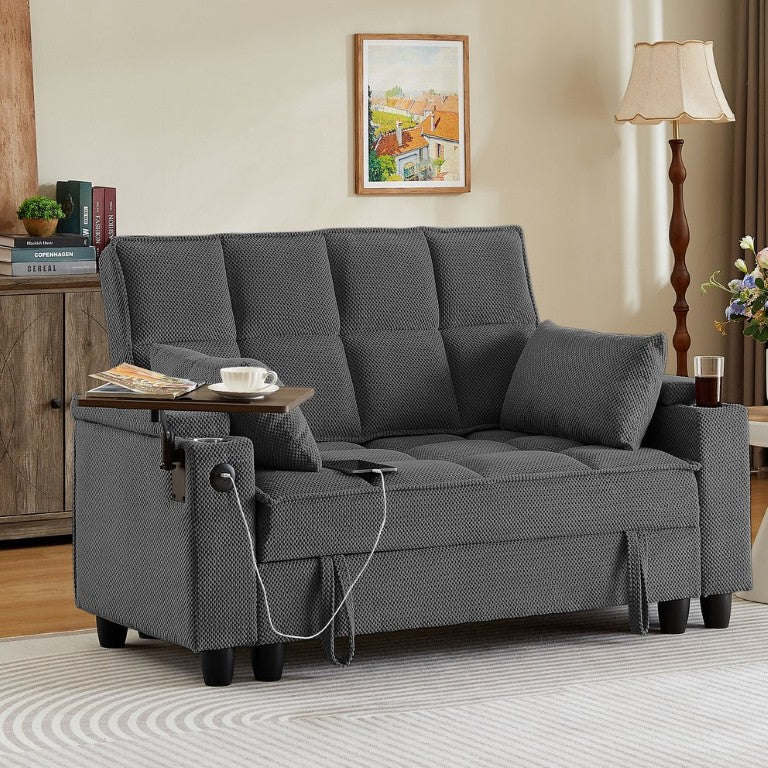 English Elm Dark Grey Tufted Fabric Loveseat with Storage USB Charging and Swivel Side Table W3985P494448