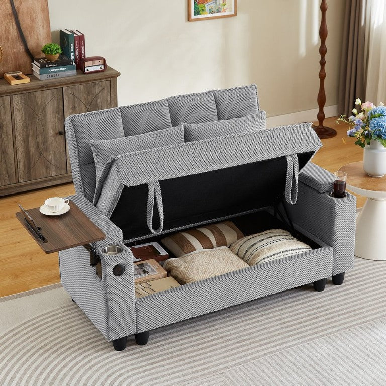 English Elm Light Grey Tufted Loveseat with Swivel Table USB Charging and Under Seat Storage W3985P494449