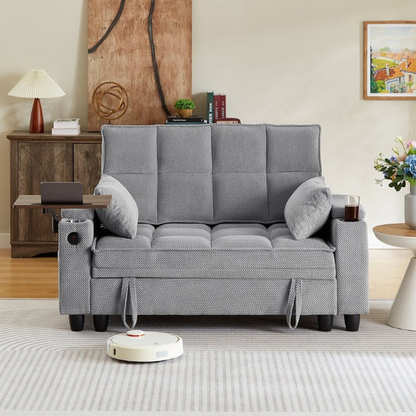 English Elm Light Grey Tufted Loveseat with Swivel Table USB Charging and Under Seat Storage W3985P494449