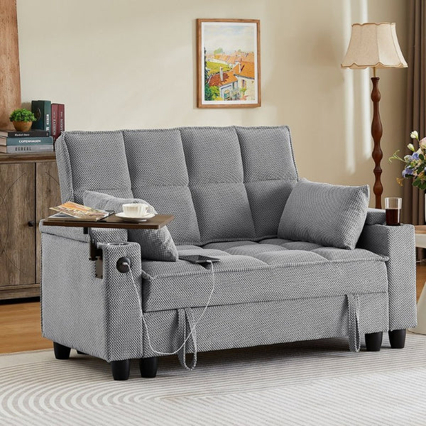 English Elm Light Grey Tufted Loveseat with Swivel Table USB Charging and Under Seat Storage W3985P494449