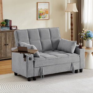 English Elm Light Grey Tufted Loveseat with Swivel Table USB Charging and Under Seat Storage W3985P494449