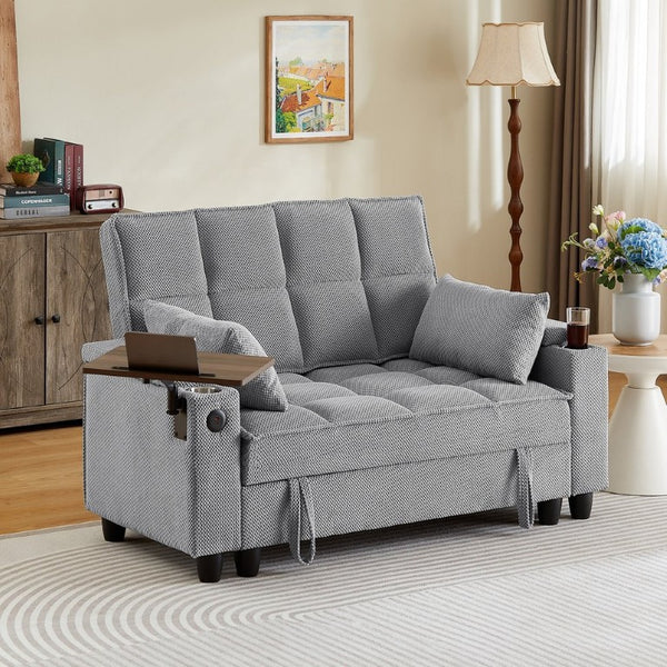 English Elm Light Grey Tufted Loveseat with Swivel Table USB Charging and Under Seat Storage W3985P494449