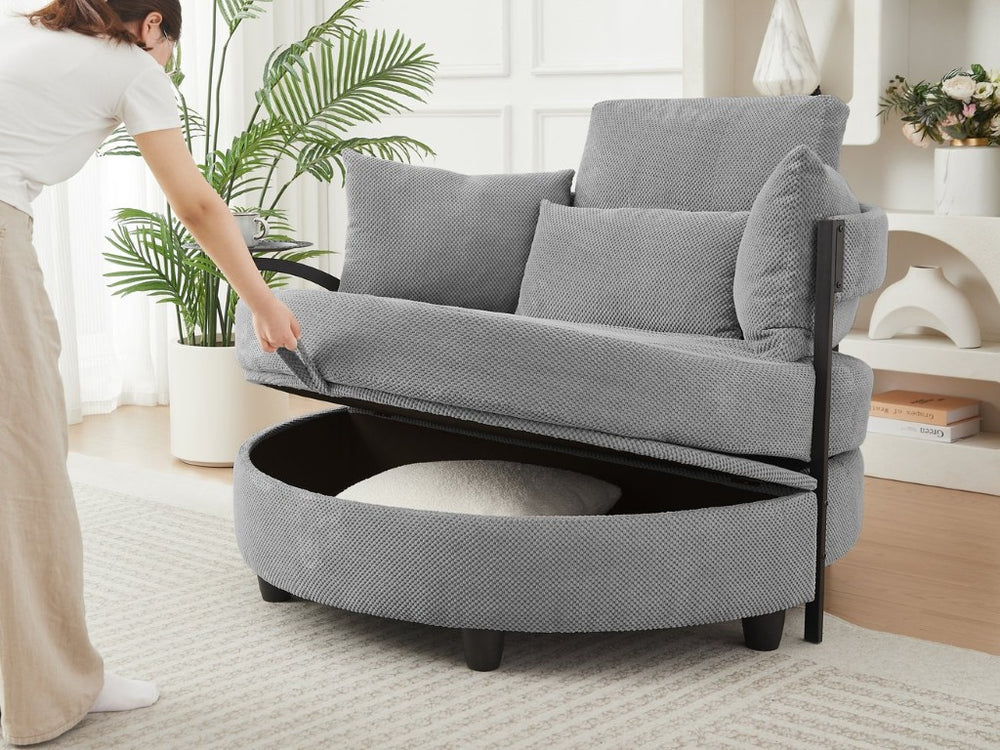 English Elm Light Grey Tufted Round Sofa with Swivel Table Storage and Four Cushions Included W3985P519381