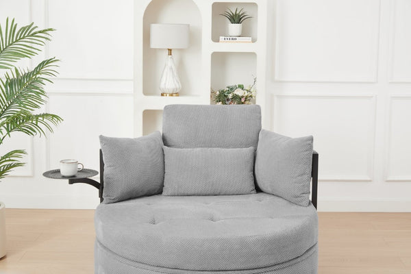 English Elm Light Grey Tufted Round Sofa with Swivel Table Storage and Four Cushions Included W3985P519381