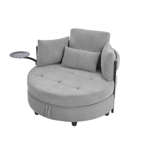 English Elm Light Grey Tufted Round Sofa with Swivel Table Storage and Four Cushions Included W3985P519381