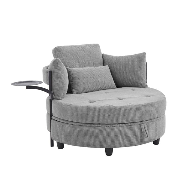English Elm Light Grey Tufted Round Sofa with Swivel Table Storage and Four Cushions Included W3985P519381
