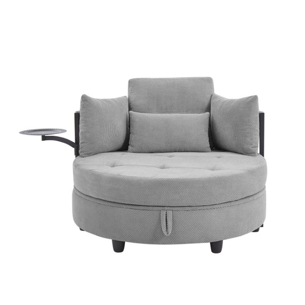 English Elm Light Grey Tufted Round Sofa with Swivel Table Storage and Four Cushions Included W3985P519381