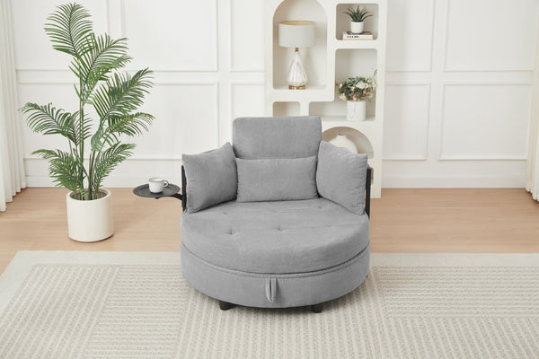 English Elm Light Grey Tufted Round Sofa with Swivel Table Storage and Four Cushions Included W3985P519381
