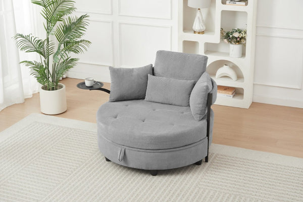 English Elm Light Grey Tufted Round Sofa with Swivel Table Storage and Four Cushions Included W3985P519381