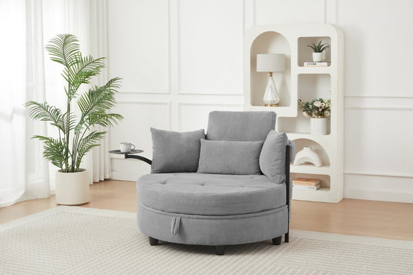 English Elm Light Grey Tufted Round Sofa with Swivel Table Storage and Four Cushions Included W3985P519381