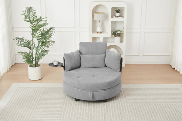 English Elm Light Grey Tufted Round Sofa with Swivel Table Storage and Four Cushions Included W3985P519381