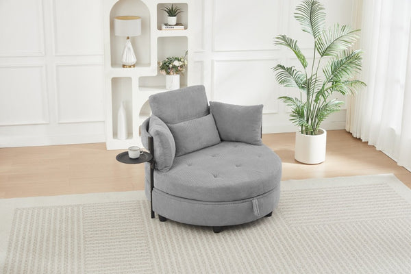 English Elm Light Grey Tufted Round Sofa with Swivel Table Storage and Four Cushions Included W3985P519381