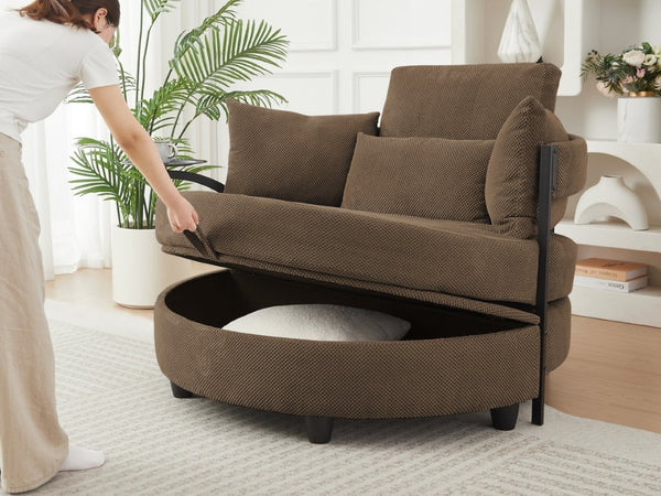 English Elm Coffee Round Tufted Sofa with Swivel Side Table Built-In Storage and Four Cushions W3985P519382