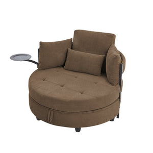 English Elm Coffee Round Tufted Sofa with Swivel Side Table Built-In Storage and Four Cushions W3985P519382