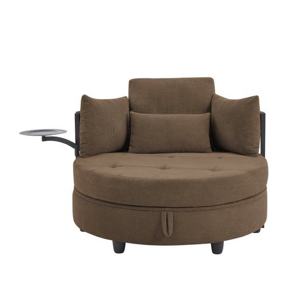English Elm Coffee Round Tufted Sofa with Swivel Side Table Built-In Storage and Four Cushions W3985P519382