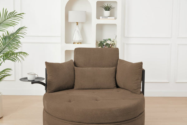 English Elm Coffee Round Tufted Sofa with Swivel Side Table Built-In Storage and Four Cushions W3985P519382