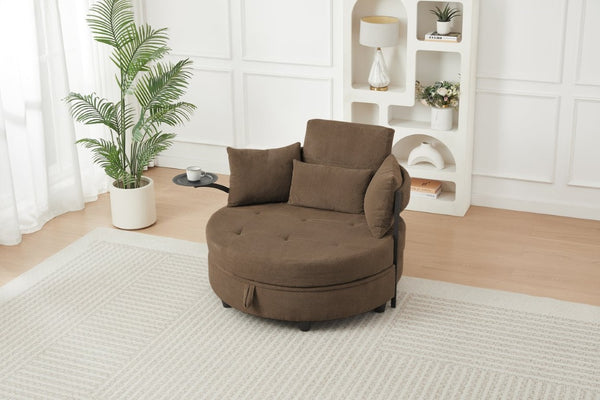 English Elm Coffee Round Tufted Sofa with Swivel Side Table Built-In Storage and Four Cushions W3985P519382