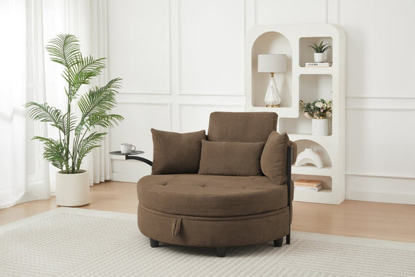English Elm Coffee Round Tufted Sofa with Swivel Side Table Built-In Storage and Four Cushions W3985P519382