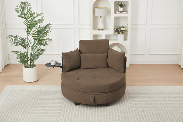 English Elm Coffee Round Tufted Sofa with Swivel Side Table Built-In Storage and Four Cushions W3985P519382