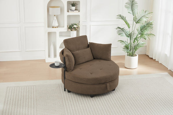 English Elm Coffee Round Tufted Sofa with Swivel Side Table Built-In Storage and Four Cushions W3985P519382
