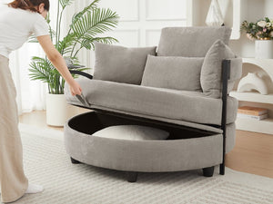English Elm Khaki Round Sofa with Tufted Cushions Swivel Table and Built-In Storage Compartment W3985P519383