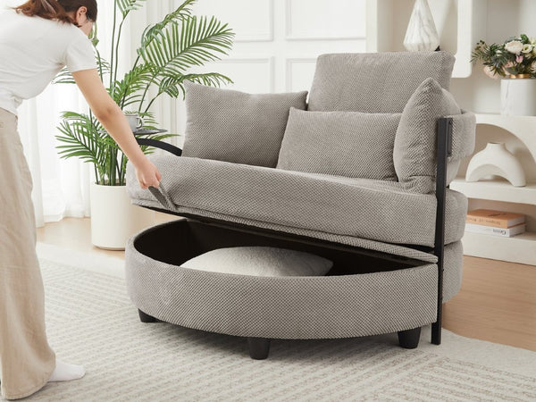 English Elm Khaki Round Sofa with Tufted Cushions Swivel Table and Built-In Storage Compartment W3985P519383