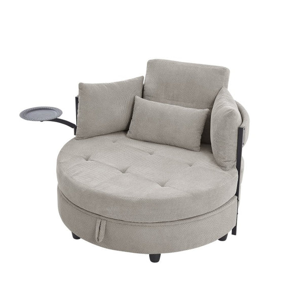 English Elm Khaki Round Sofa with Tufted Cushions Swivel Table and Built-In Storage Compartment W3985P519383