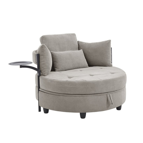 English Elm Khaki Round Sofa with Tufted Cushions Swivel Table and Built-In Storage Compartment W3985P519383