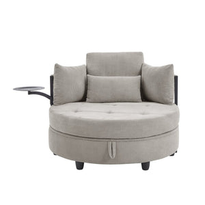 English Elm Khaki Round Sofa with Tufted Cushions Swivel Table and Built-In Storage Compartment W3985P519383