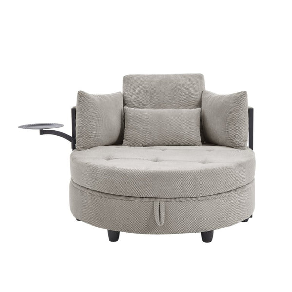 English Elm Khaki Round Sofa with Tufted Cushions Swivel Table and Built-In Storage Compartment W3985P519383