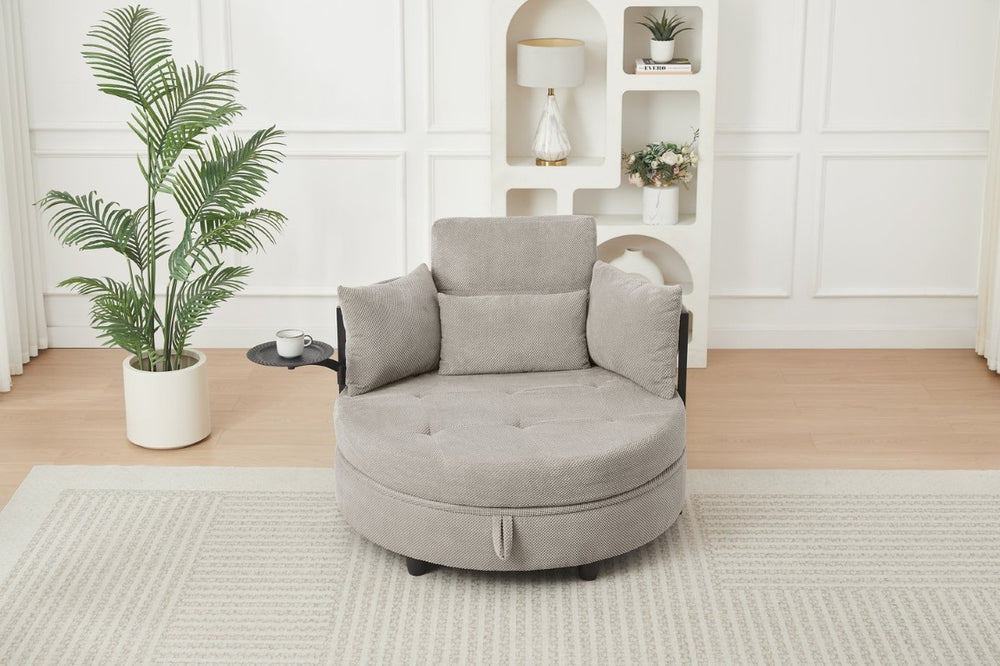 English Elm Khaki Round Sofa with Tufted Cushions Swivel Table and Built-In Storage Compartment W3985P519383